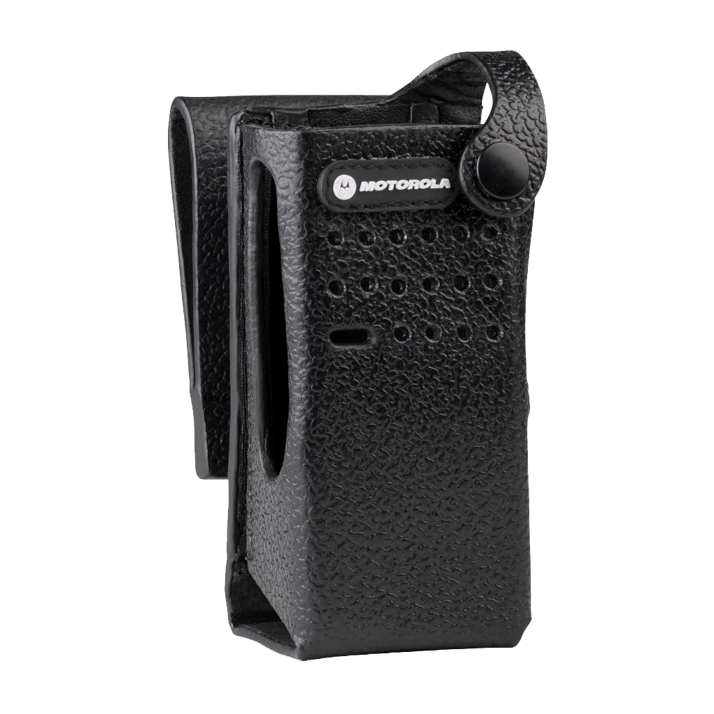 Front view of the Motorola Accessory PMLN5868 Hard Leather Carry Case. This hard leather case with 2.5-inch swivel belt loop is designed for use with the XPR 3300 non-dispay radio.-Radio Depot