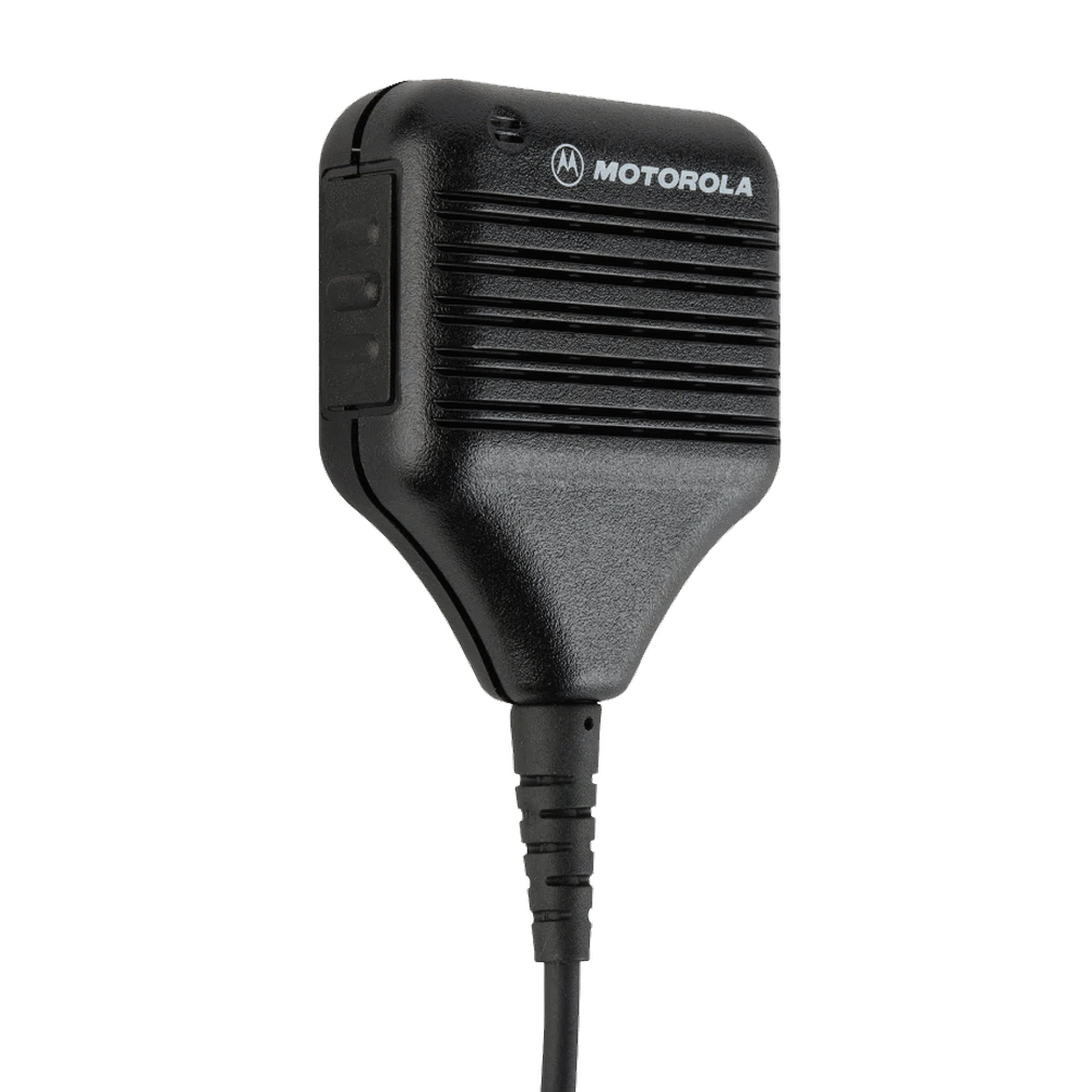 Left side front view of the Motorola HMN9051 Remote Speaker Microphone (RSM) with swivel clothing clip.