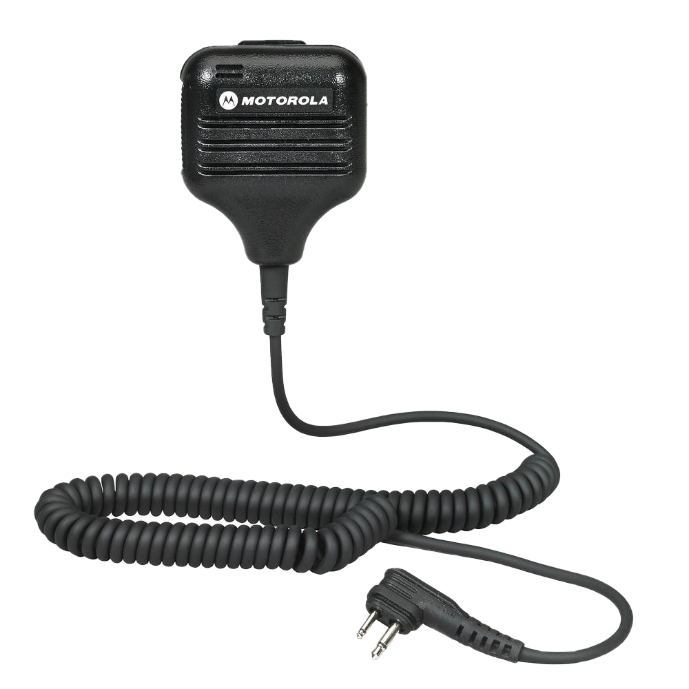 Full kit view of the Motorola HMN9051 Remote Speaker Microphone (RSM) with swivel clothing clip.