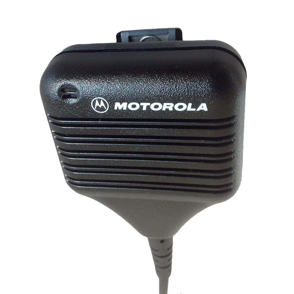 Top side view of the Motorola HMN9051 Remote Speaker Microphone (RSM) with swivel clothing clip.