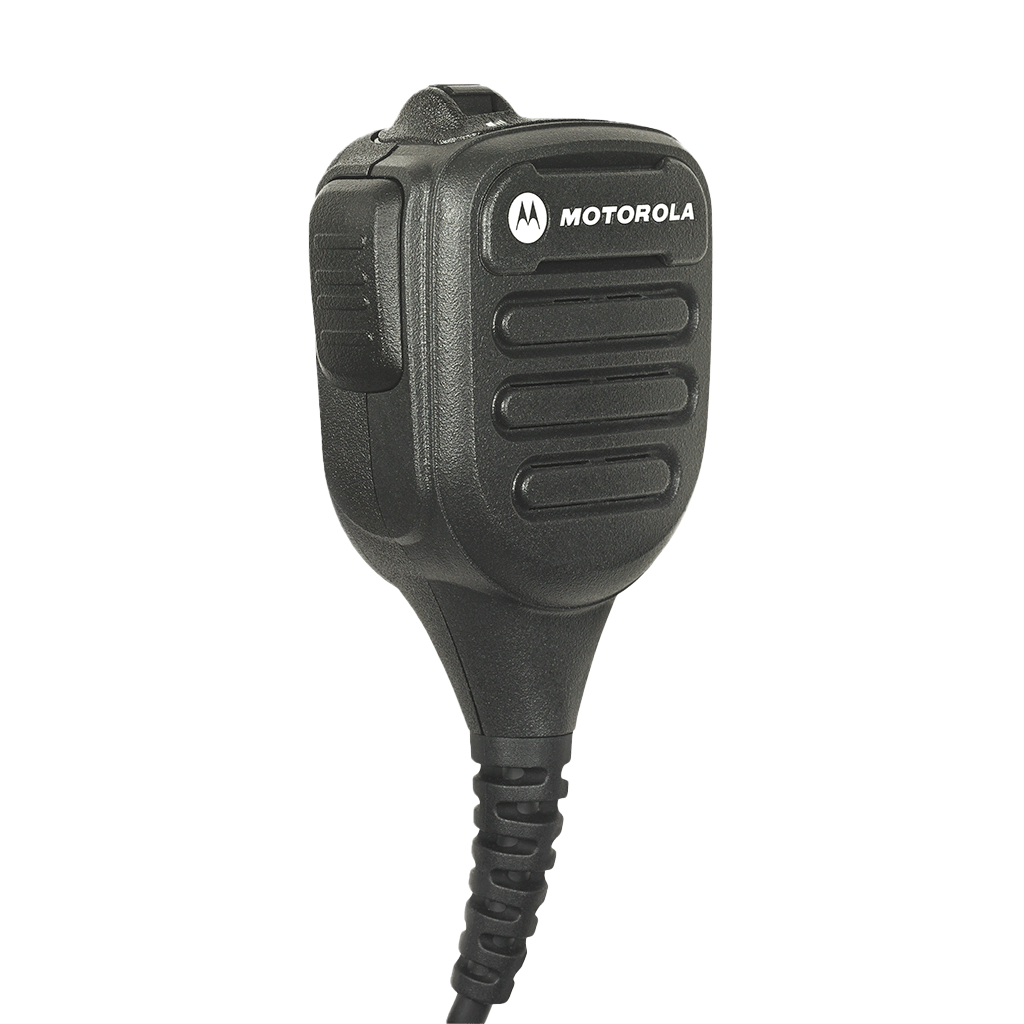 Left side close up of the Motorola NNTN8382 IMPRES Industrial Noise Cancelling Remote Speaker Microphone (RSM).
