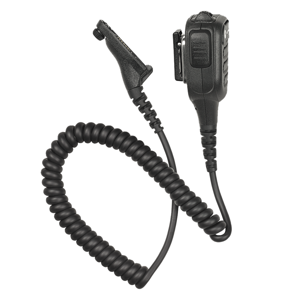 Left side full kit view of the noise cancelling, IP57 rated, and UL approved Motorola NNTN8382 Remote Speaker Microphone (RSM).