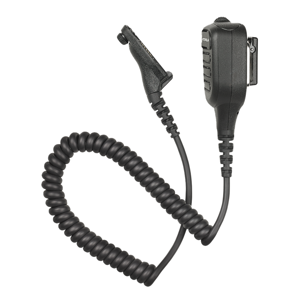 Right side full kit view of the Motorola NNTN8382 IMPRES Industrial Noise Cancelling Remote Speaker Microphone (RSM).