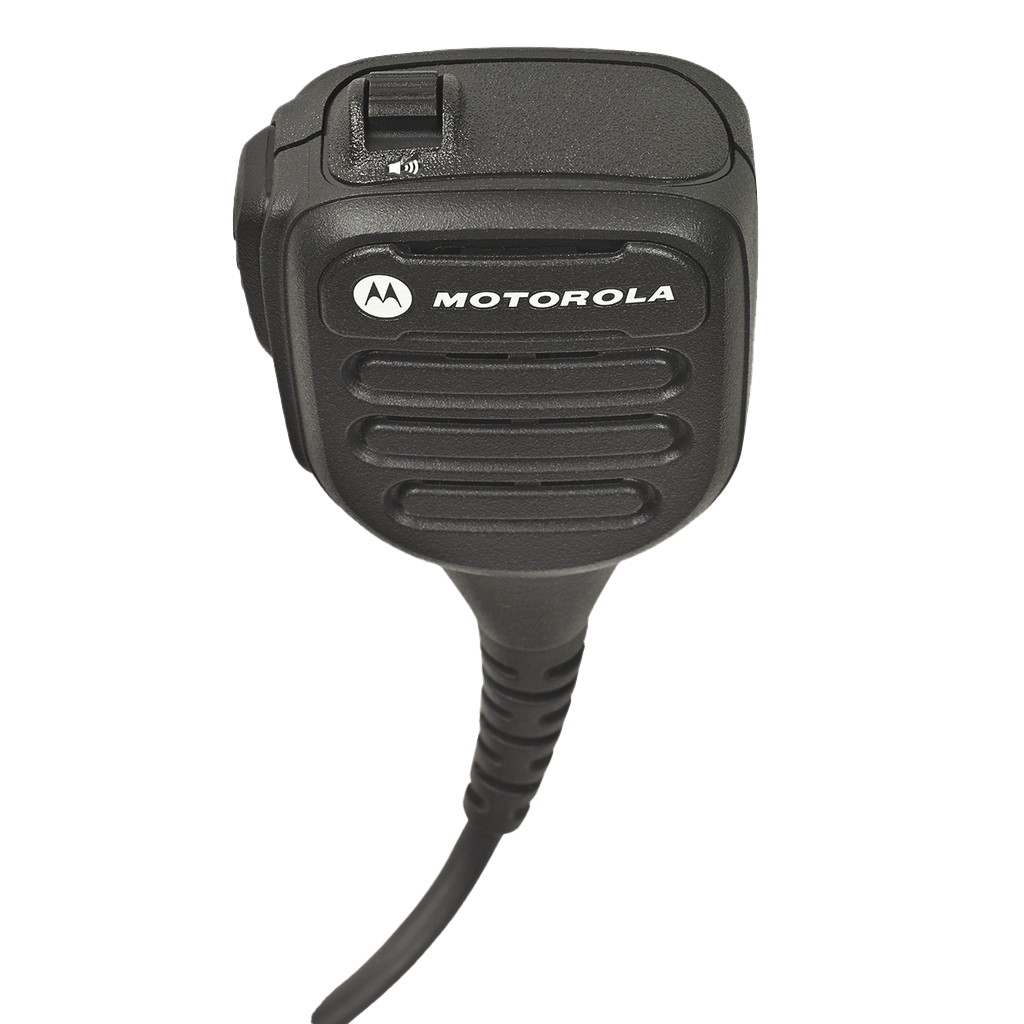 Top view of the Motorola NNTN8382 Remote Speaker Microphone (RSM). This unit is noise cancelling, UL approved, and is IP57 rated.