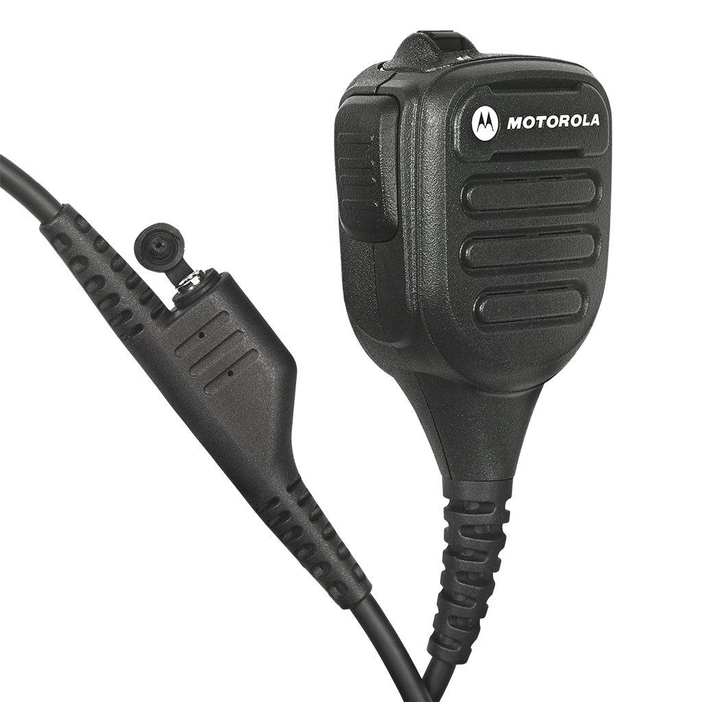 Left view of the Motorola NNTN8383 IMPRES Industrial Noise Cancelling Remote Speaker Microphone (RSM) and threaded 3.5mm audio jack.