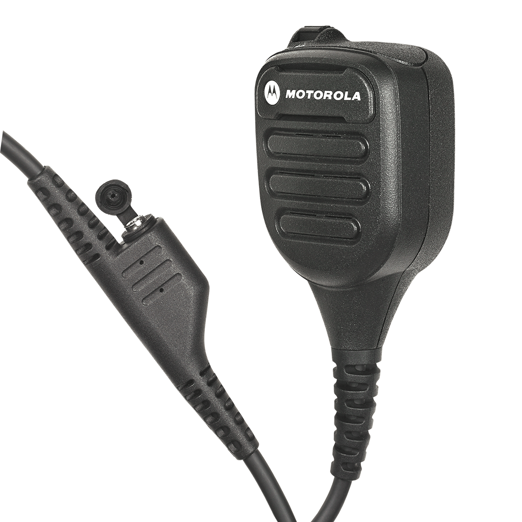 Right view of the Motorola NNTN8383 IMPRES Industrial Noise Cancelling Remote Speaker Microphone (RSM) and threaded 3.5mm audio jack.