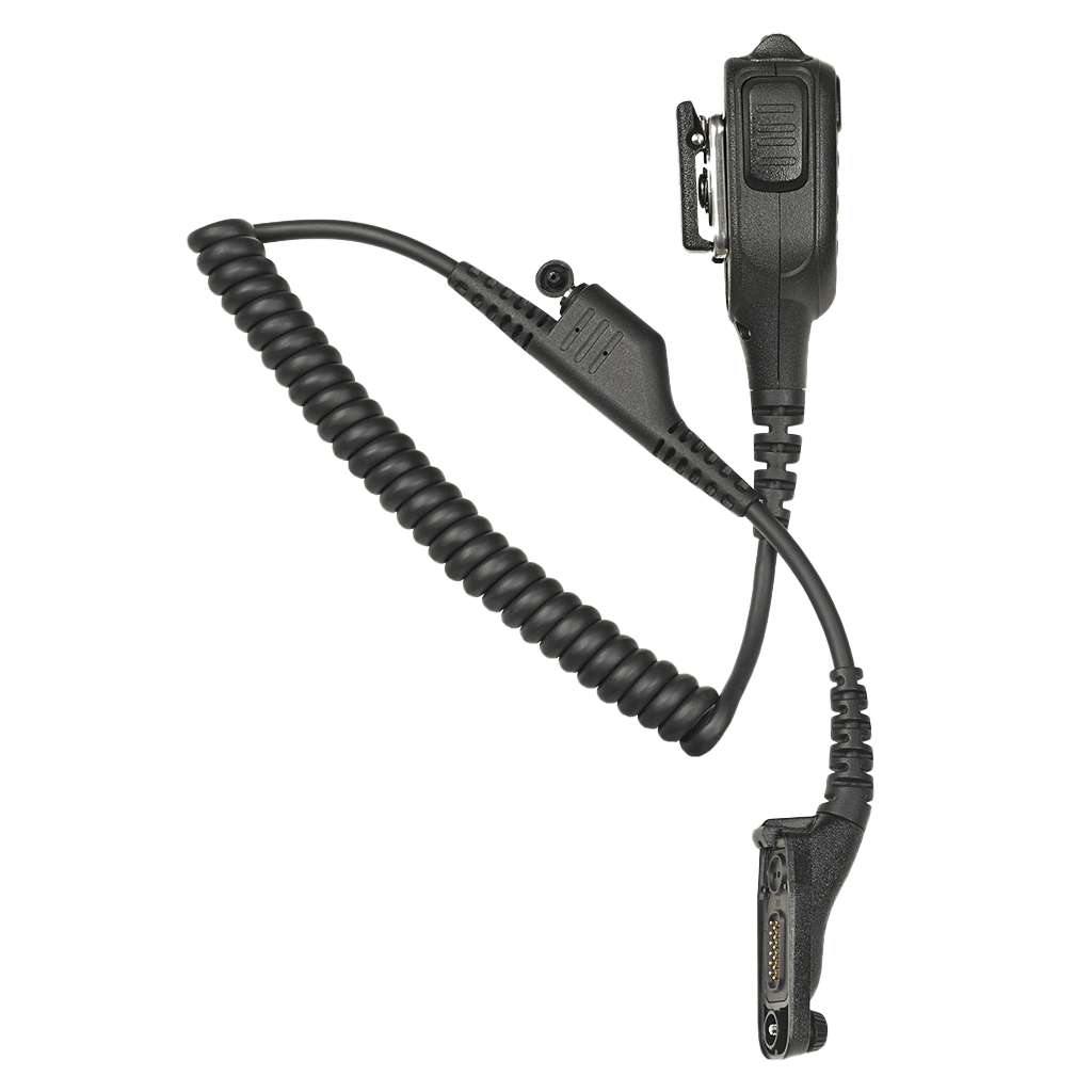 Full kit view from left of the Motorola NNTN8383 IMPRES Industrial Noise Cancelling Remote Speaker Microphone (RSM).