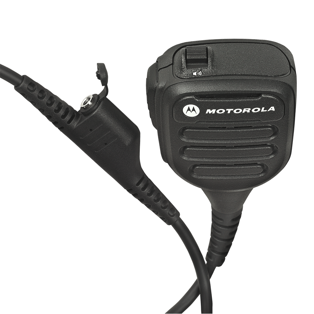 Top view of the Motorola NNTN8383 Remote Speaker Microphone (RSM). This unit is noise cancelling, UL approved, and features a threaded 3.5mm audio jack.