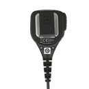 Back view of the intrinsically safe Motorola PMMN4013 Remote Speaker Microphone (RSM) with integrated audio jack and swivel clothing clip.