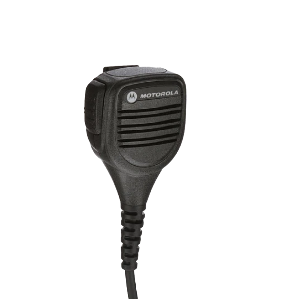 Front view of the Motorola PMMN4024 Remot Speaker Microphone (RSM). This unit features a 3.5mm audio jack and is FM / UL Approved.