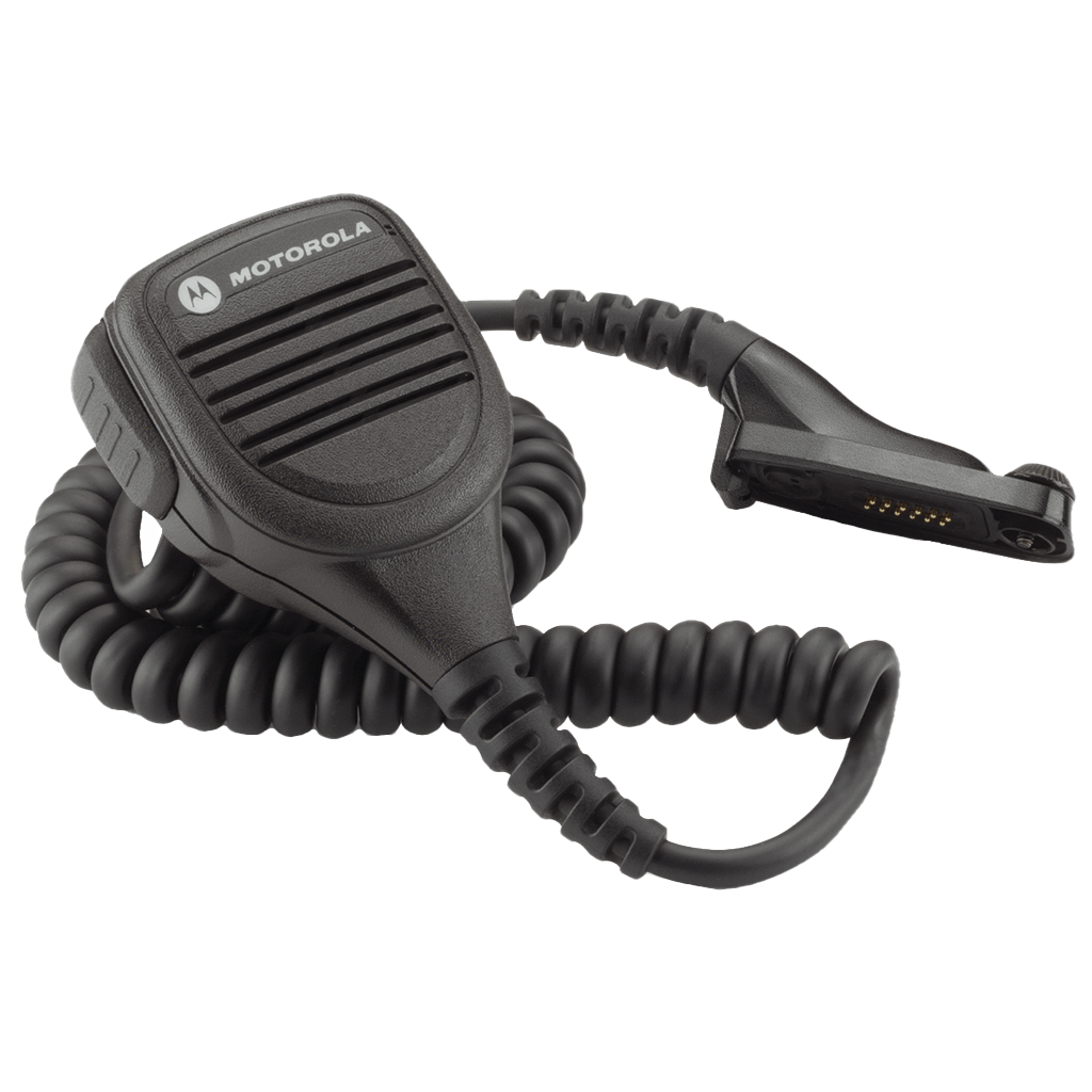 Full kit view of the Motorola PMMN4025 IMPRES Remote Speaker Microphone (RSM) with 3.5mm audio jack - FM / UL Approved.