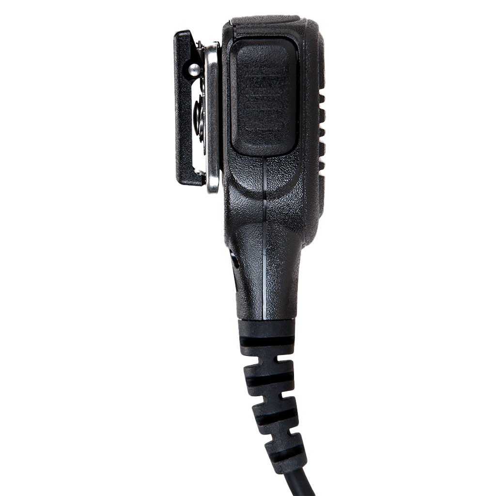 Left side view of the Motorola PMMN4025 IMPRES Remote Speaker Microphone (RSM) with 3.5mm audio jack - FM / UL Approved.