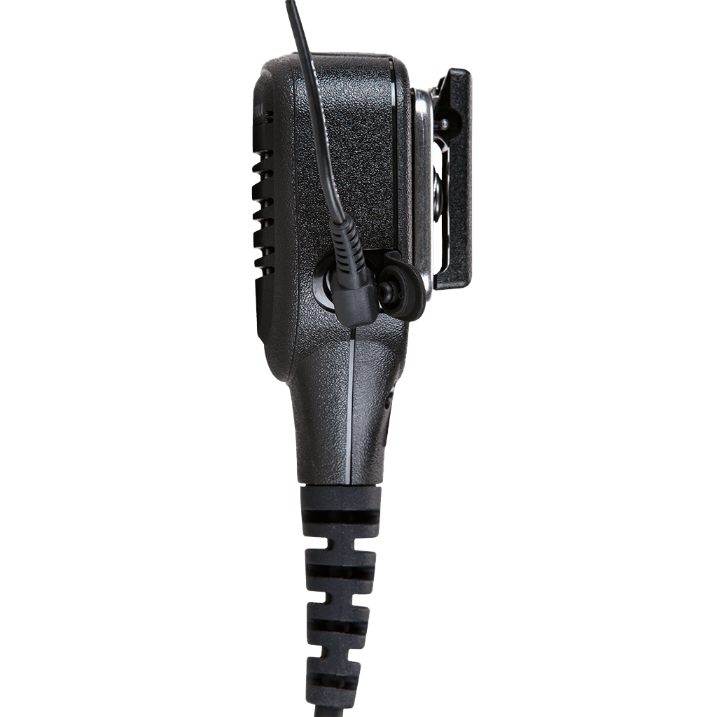 Right side view of the Motorola PMMN4025 IMPRES Remote Speaker Microphone (RSM) with 3.5mm audio jack - FM / UL Approved.