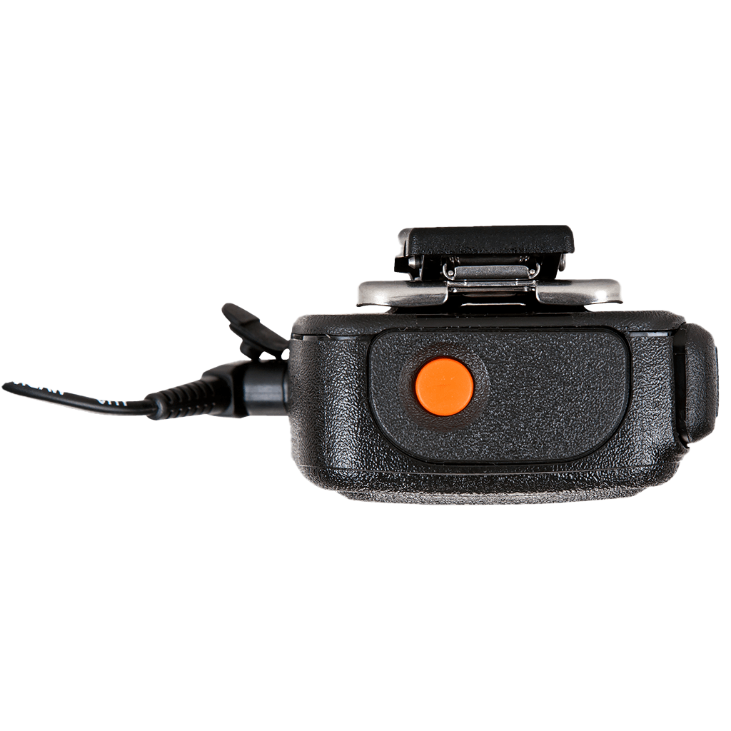 Top side view of the Motorola PMMN4025 IMPRES Remote Speaker Microphone (RSM) with 3.5mm audio jack - FM / UL Approved.