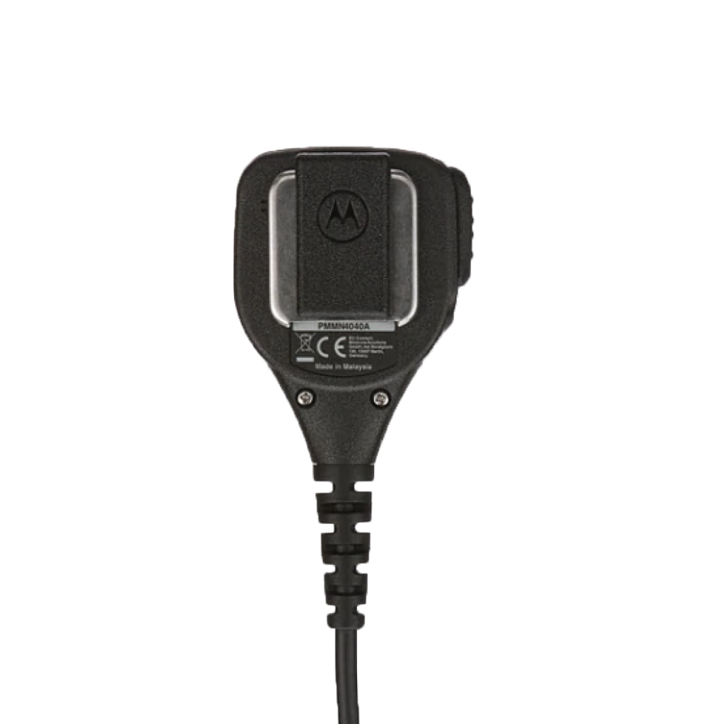 Back view of the Motorola PMMN4040 Remote Speaker Microphone (RSM). This unit is submersible with an IP57 rating and is FM / UL Approved.