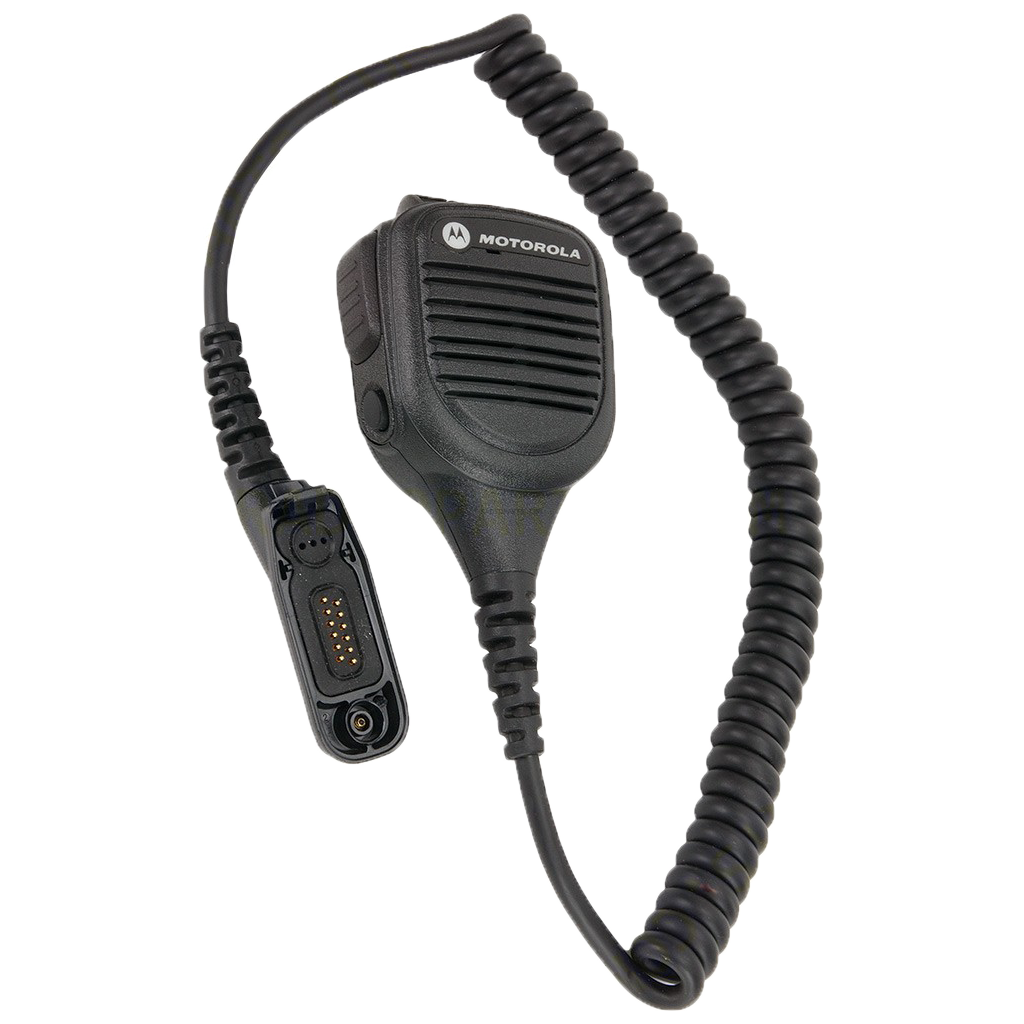 Full kit view of the Motorola PMMN4046 IMPRES Remote Speaker Microphone with Volume control. This unit is submersible with an IP57 rating and is FM / UL Approved.