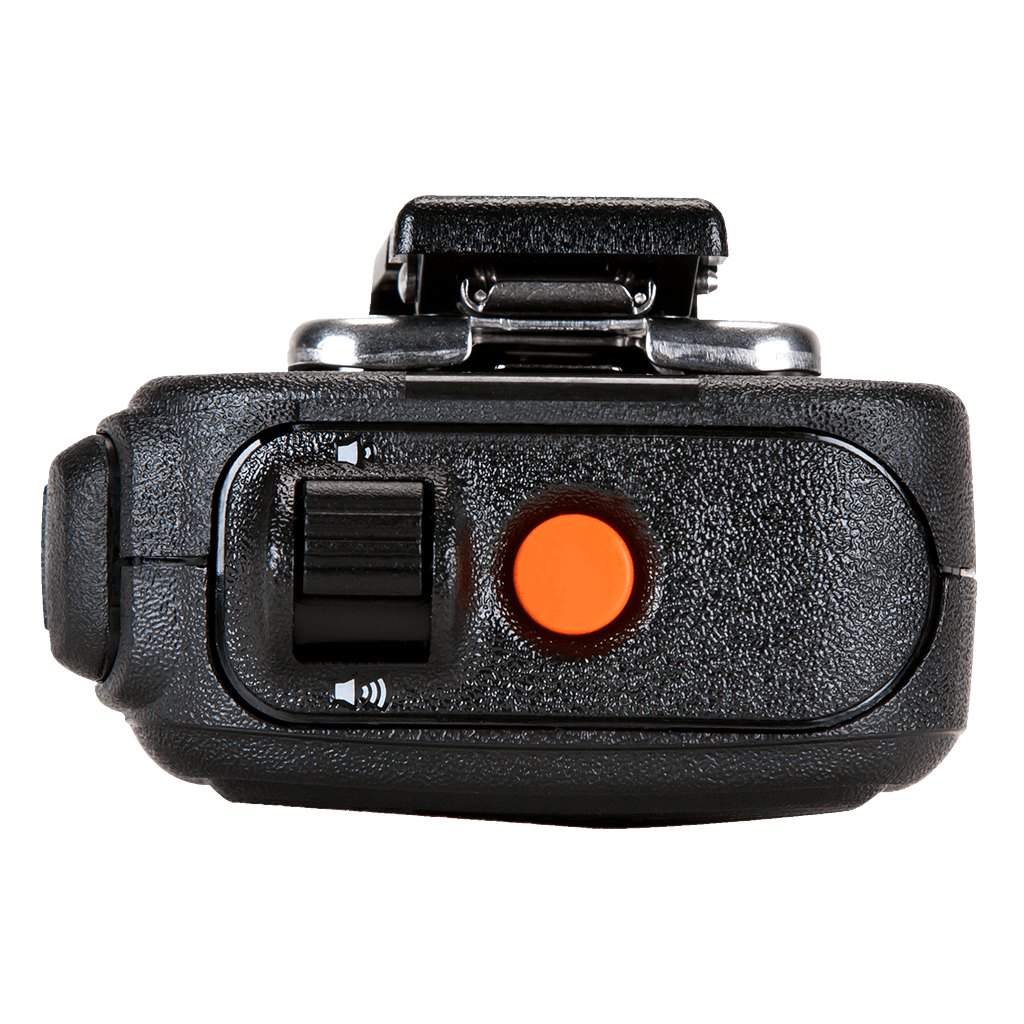 Top side view of the Motorola PMMN4046 IMPRES Remote Speaker Microphone with Volume control. This unit is submersible with an IP57 rating and is FM / UL Approved.