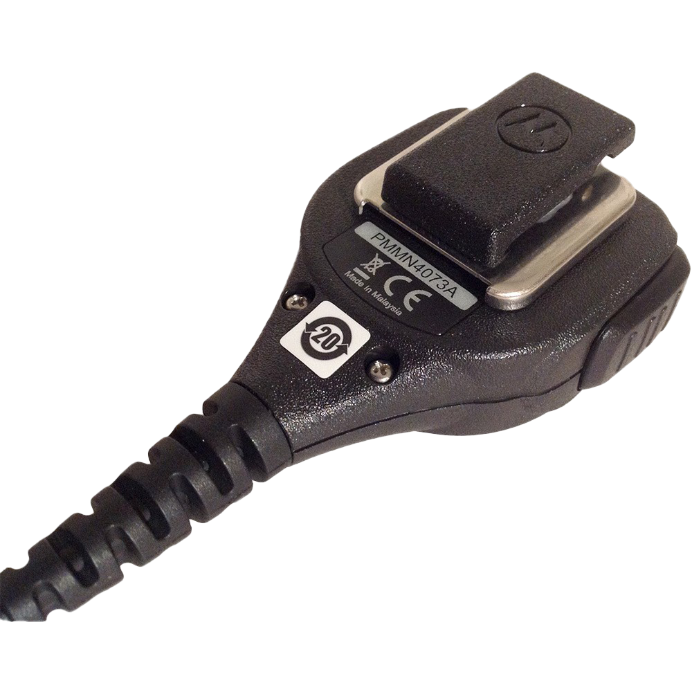 Back view of the Motorola PMMN4073 IMPRES Compact Remote Speaker Microphone (RSM). This unit features a 3.5mm audio jack and is UL Approved (intrinsically safe).
