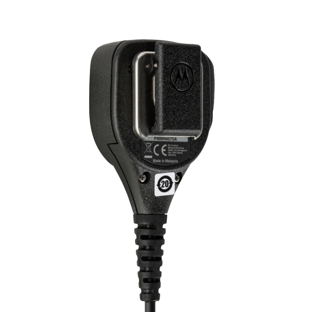 Back view of the Motorola PMMN4075 Compact Remote Speaker Microphone (RSM). This unit is submersible with an IP57 rating and is UL Approved (intrinsically safe).