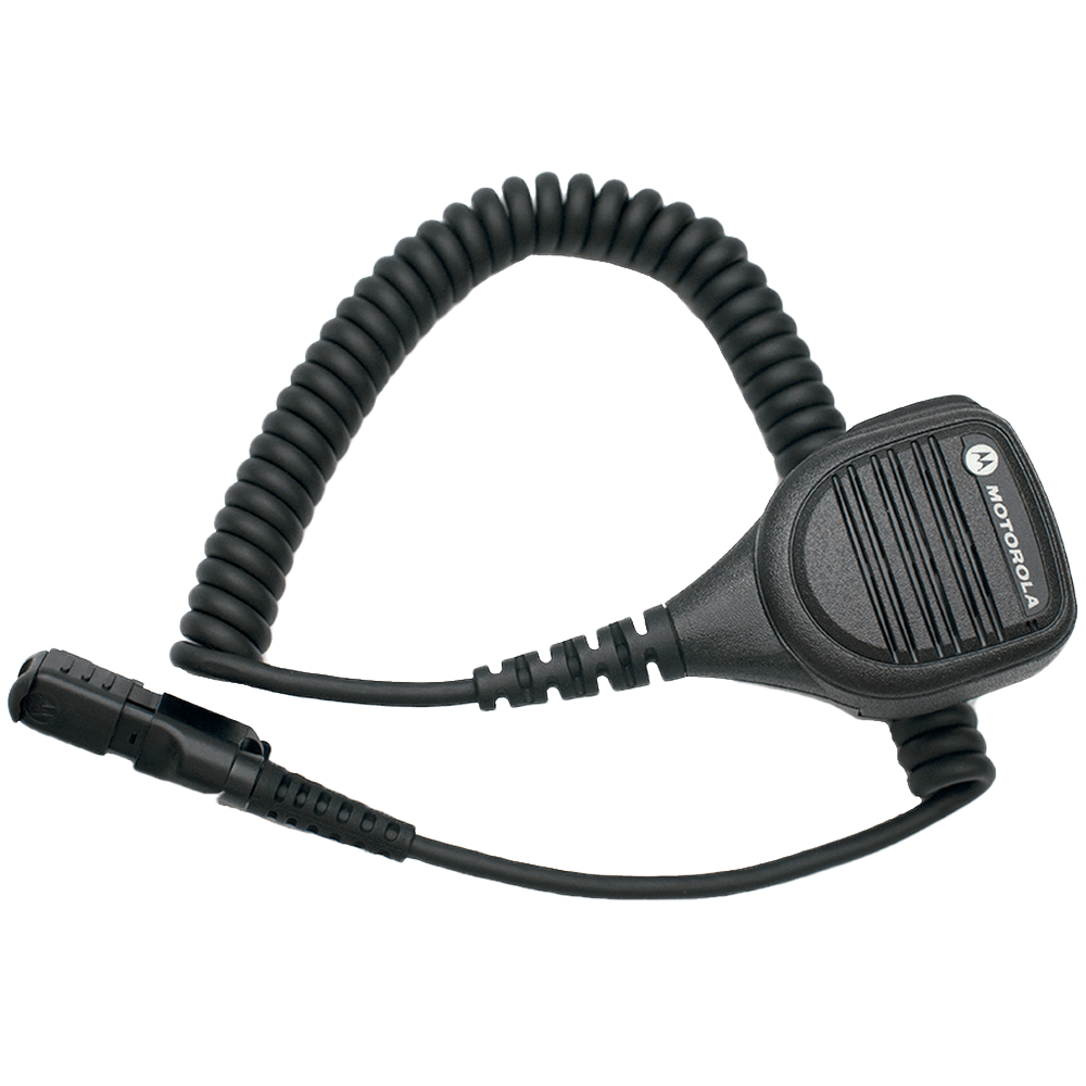 Full kit view of the Motorola PMMN4075 Compact Remote Speaker Microphone (RSM). This unit is submersible with an IP57 rating and is UL Approved (intrinsically safe).