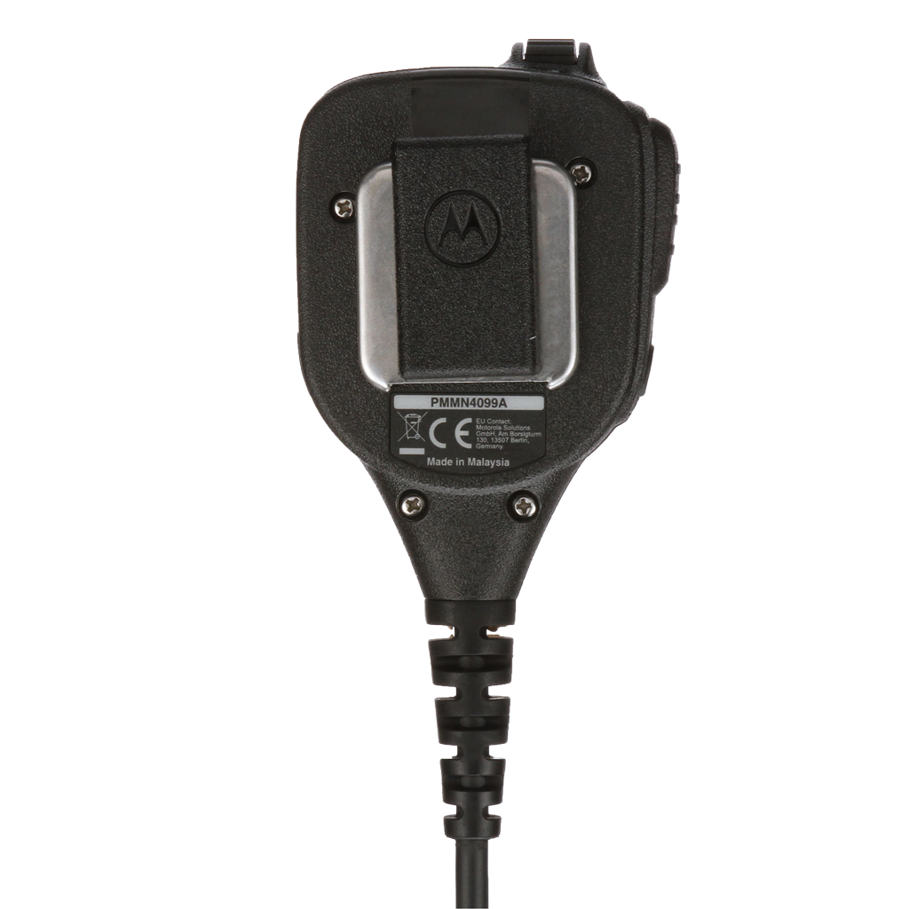 Back view of the Motorola PMMN4099 IMPRES Windporting Remote Speaker Microphone (RSM). This unit features a volume toggle switch, orange emergency button, a 3.5mm non-threaded audio jack, and is waterproof with an IP68 rating.