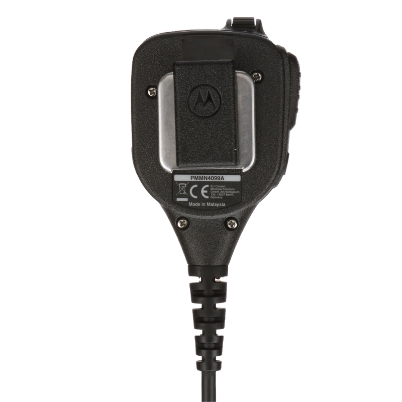 Back view of the Motorola PMMN4099 IMPRES Windporting Remote Speaker Microphone (RSM). This unit features a volume toggle switch, orange emergency button, a 3.5mm non-threaded audio jack, and is waterproof with an IP68 rating. 
