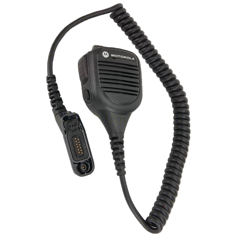 Full kit view of the Motorola PMMN4099 IMPRES Windporting Remote Speaker Microphone (RSM). This unit features a volume toggle switch, orange emergency button, a 3.5mm non-threaded audio jack, and is waterproof with an IP68 rating. 
