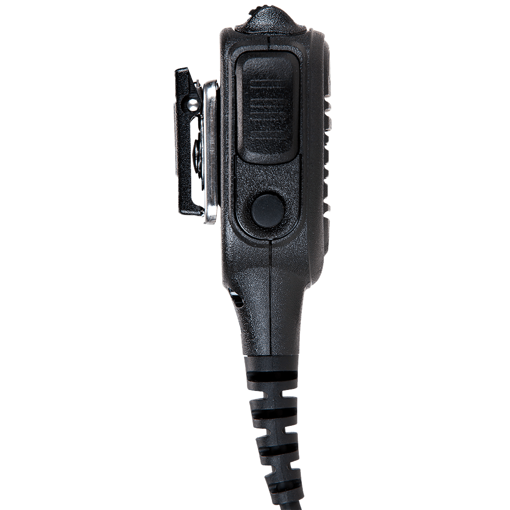 Left side view of the Motorola PMMN4099 IMPRES Windporting Remote Speaker Microphone (RSM). This unit features a volume toggle switch, orange emergency button, a 3.5mm non-threaded audio jack, and is waterproof with an IP68 rating.