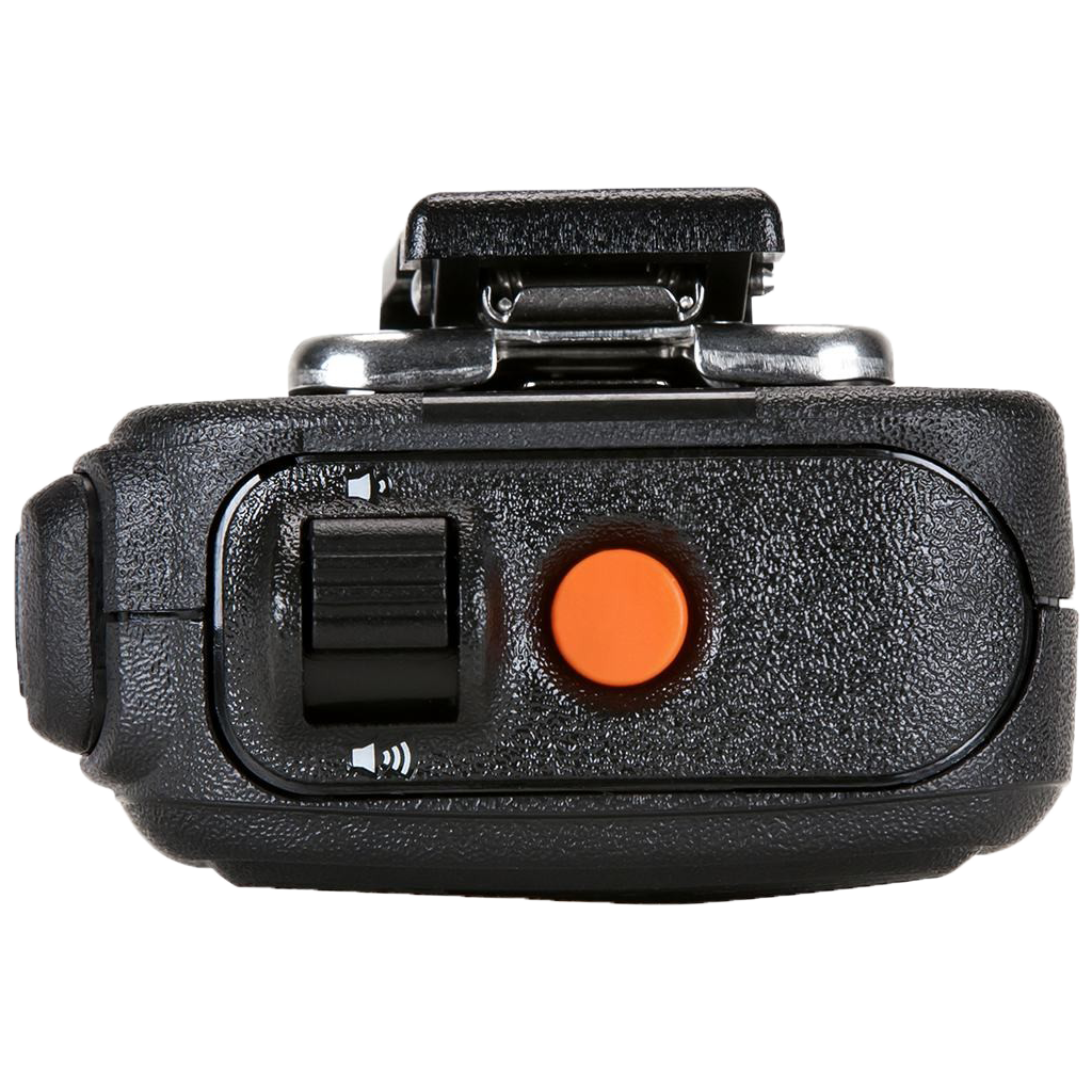 Top side view of the Motorola PMMN4099 IMPRES Windporting Remote Speaker Microphone (RSM). This unit features a volume toggle switch, orange emergency button, a 3.5mm non-threaded audio jack, and is waterproof with an IP68 rating.