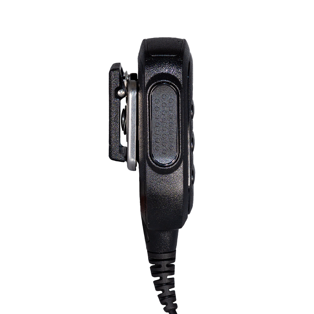 Left side view of the Motorola PMMN4125 Remote Speaker Microphone (RSM) showing PTT button.
