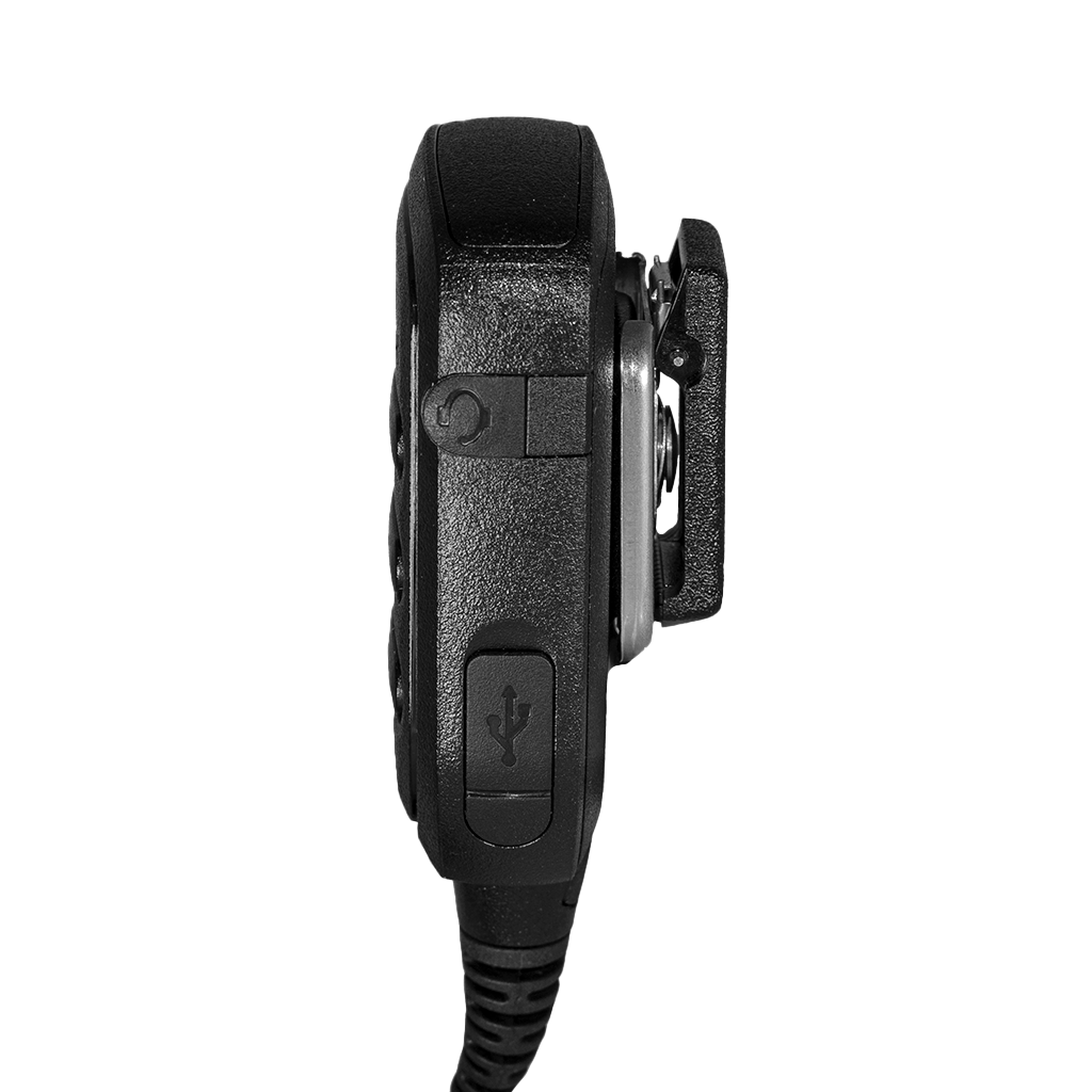 Right side view of the Motorola PMMN4125 Remote Speaker Microphone (RSM) showing 2.5mm port and USB charging port.