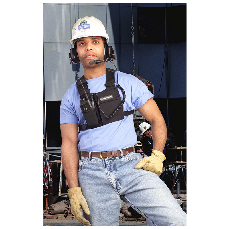 Motorola HLN6602 Universal Chest Pack showcasing versatile ability for construction workers on the job.