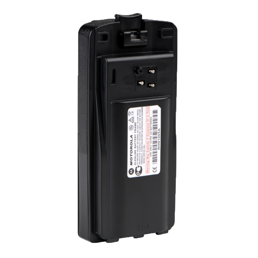 Front view of the Motorola-Accessory-RLN6306 Alkaline Battery Shell. This battery shell allows alkaline batteries to be used with RDX and CP110 Series Radios including RDV and RDU Series.-Radio Depot