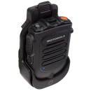 Front view of the Motorola RLN6562 Operations Critical Bluetooth Remote Speaker Microphone (RSM) displayed here in the included belt clip holster.