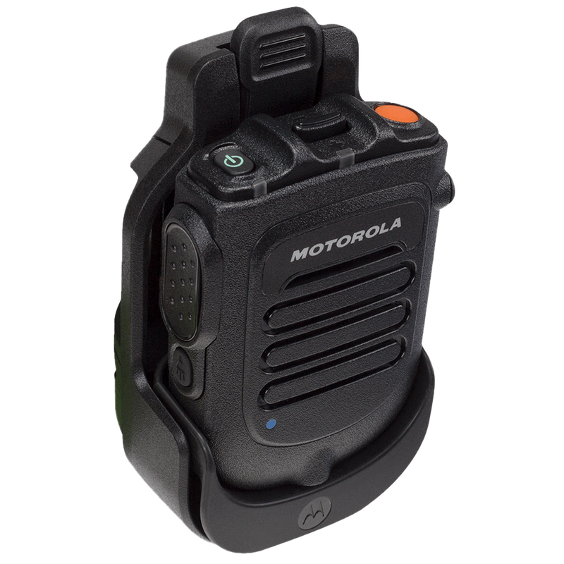 Front view of the Motorola RLN6562 Operations Critical Bluetooth Remote Speaker Microphone (RSM) displayed here in the included belt clip holster.