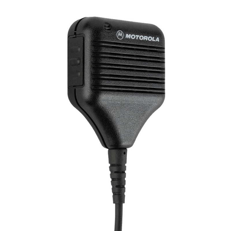 Left side front view of the Motorola HMN9051 Remote Speaker Microphone (RSM) with swivel clothing clip.