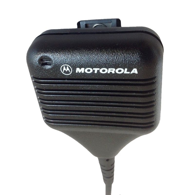 Top side view of the Motorola HMN9051 Remote Speaker Microphone (RSM) with swivel clothing clip.