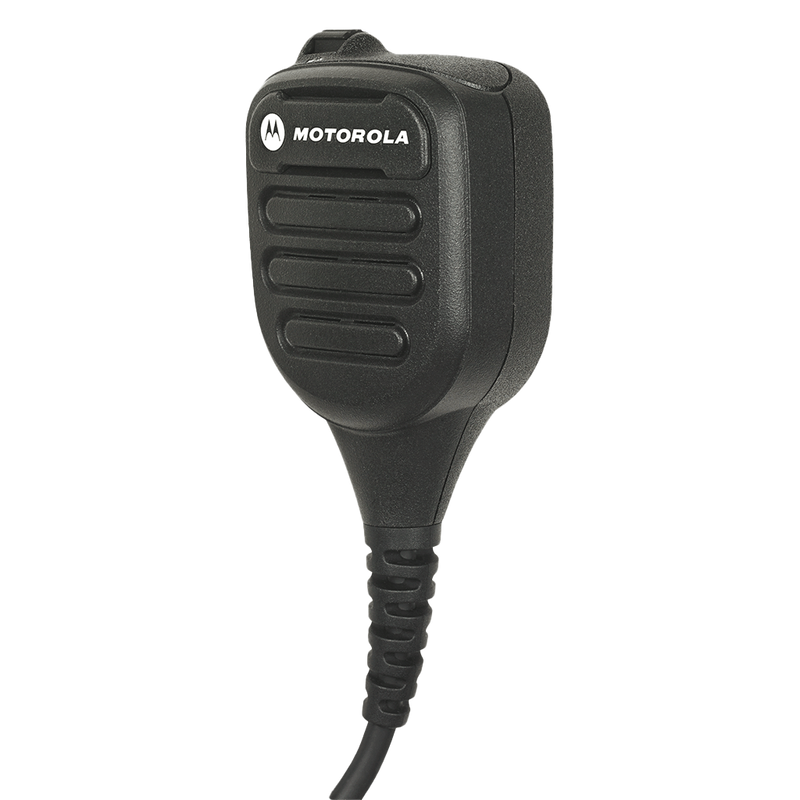 Right side close up of the Motorola NNTN8382 Remote Speaker Microphone (RSM). This unit noise cancelling for industrial use, submersible with an IP57 rating, and is UL approved (intrinsically safe).