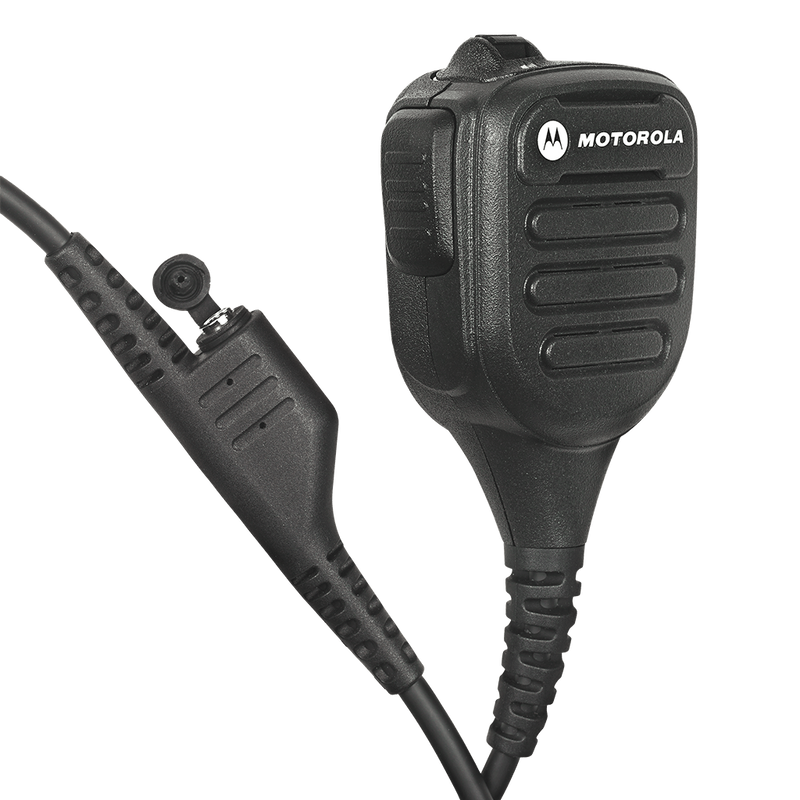 Left view of the Motorola NNTN8383 IMPRES Industrial Noise Cancelling Remote Speaker Microphone (RSM) and threaded 3.5mm audio jack.