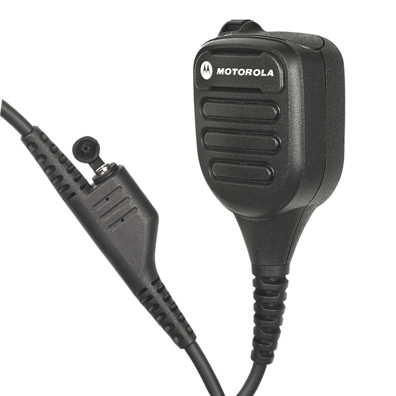 Right view of the Motorola NNTN8383 IMPRES Industrial Noise Cancelling Remote Speaker Microphone (RSM) and threaded 3.5mm audio jack.