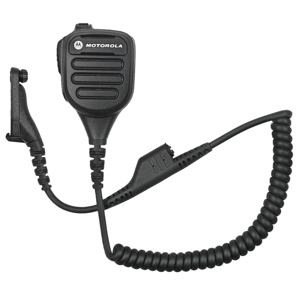 Full kit view of the Motorola NNTN8383 IMPRES Industrial Noise Cancelling Remote Speaker Microphone (RSM). This unit features a threaded 3.5mm audio jack and is UL Approved (intrinsically safe).