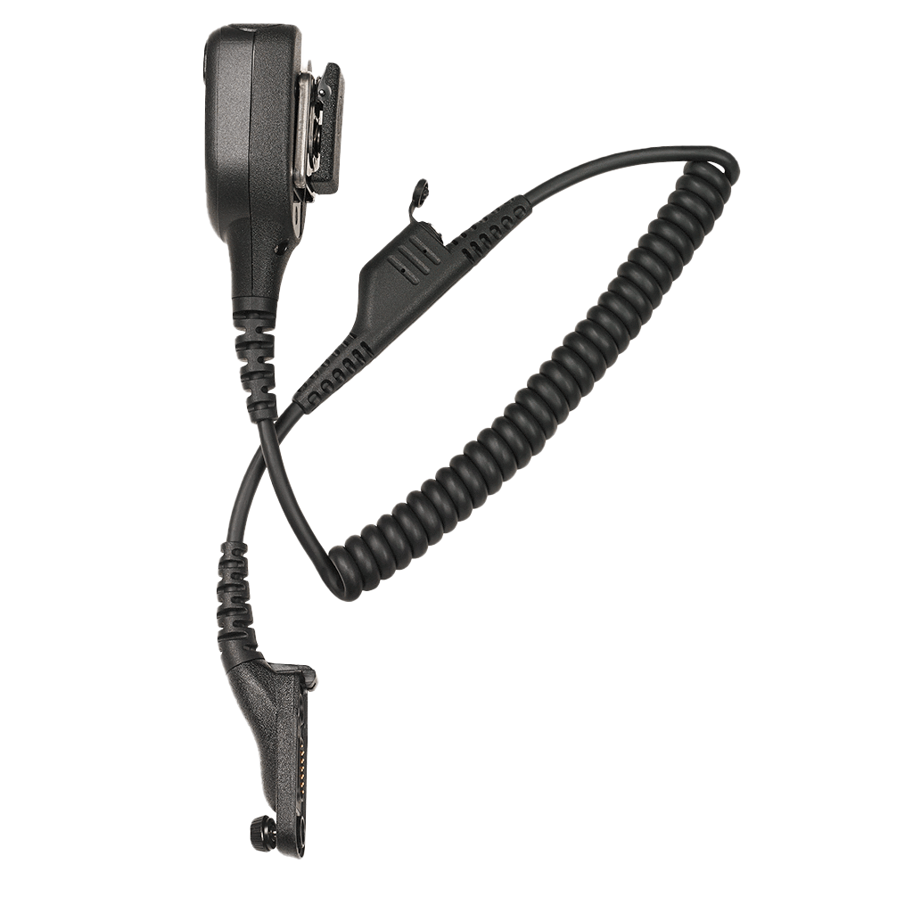 Full kit view from right of the Motorola NNTN8383 Remote Speaker Microphone (RSM) with threaded 3.5mm audio jack.