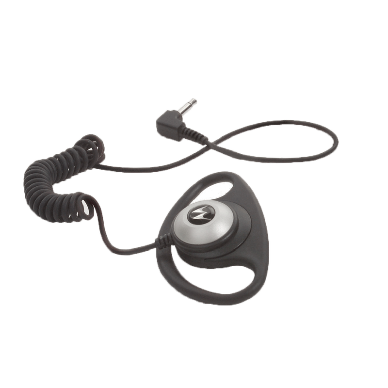 Full kit view of the Motorola PMLN4620 D-Shell Receive Only Earpiece. This earpiece has a 3.5mm plug and is FM / UL Approved.