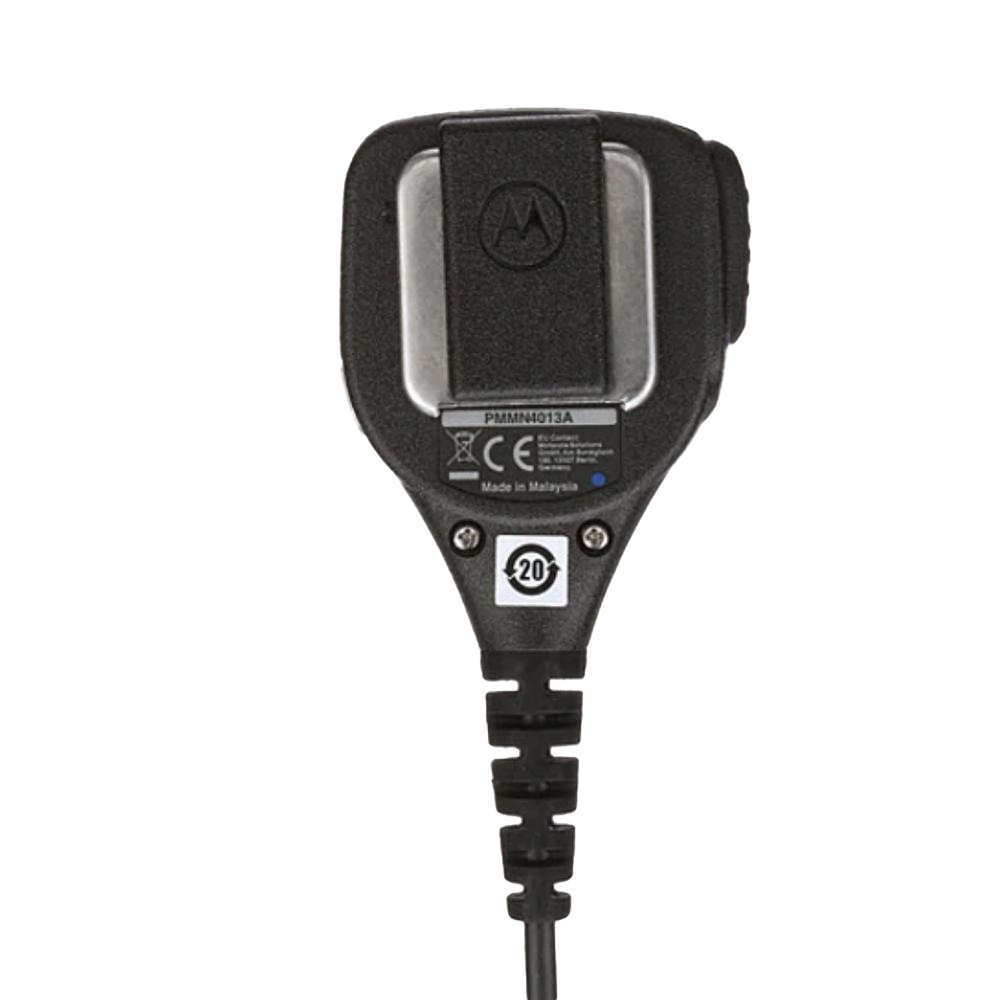 Back view of the intrinsically safe Motorola PMMN4013 Remote Speaker Microphone (RSM) with integrated audio jack and swivel clothing clip.