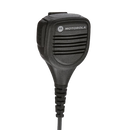 Front view of the Motorola PMMN4013 Remote Speaker Microphone (RSM). This unit is intrinsically safe (UL approved) with an integrated audio jack in the microphone head and a swivel clothing clip.