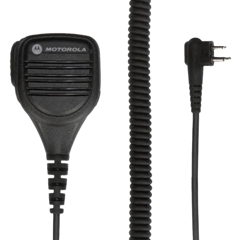 Kit component view of the intrinsically safe Motorola PMMN4013 Remote Speaker Microphone (RSM) with integrated audio jack and swivel clothing clip.