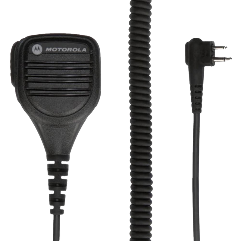 Kit component view of the intrinsically safe Motorola PMMN4013 Remote Speaker Microphone (RSM) with integrated audio jack and swivel clothing clip.