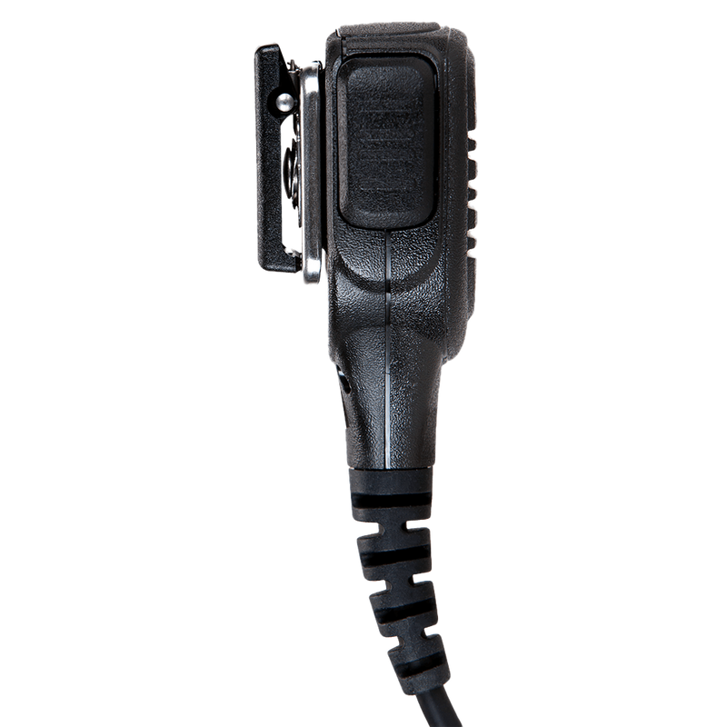 Left side view of the Motorola PMMN4025 IMPRES Remote Speaker Microphone (RSM) with 3.5mm audio jack - FM / UL Approved.