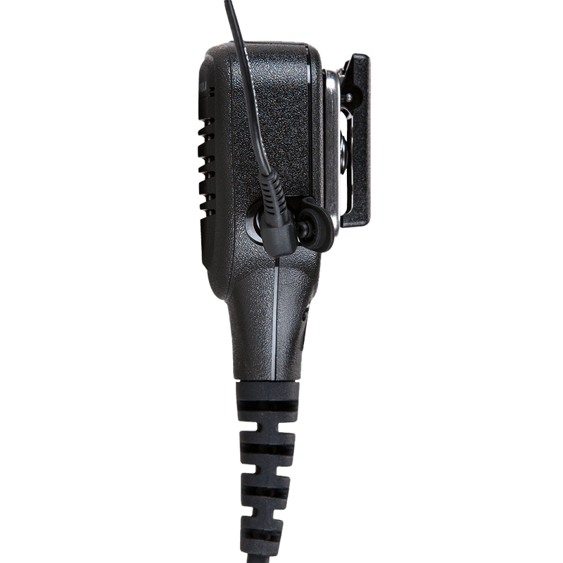 Right side view of the Motorola PMMN4025 IMPRES Remote Speaker Microphone (RSM) with 3.5mm audio jack - FM / UL Approved.