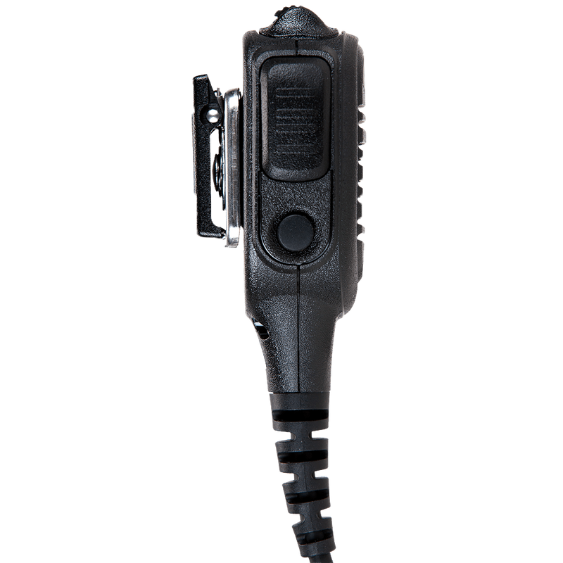 Left side view of the Motorola PMMN4046 IMPRES Remote Speaker Microphone with Volume control. This unit is submersible with an IP57 rating and is FM / UL Approved.